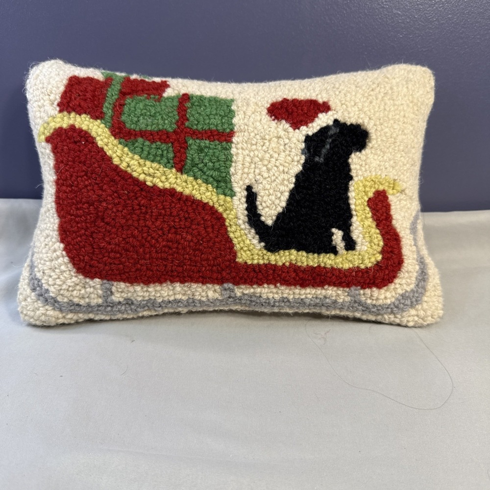 Peking Handicraft Christmas Sleigh Black Lab Hooked Wool Pillow Dog Holiday 8x12